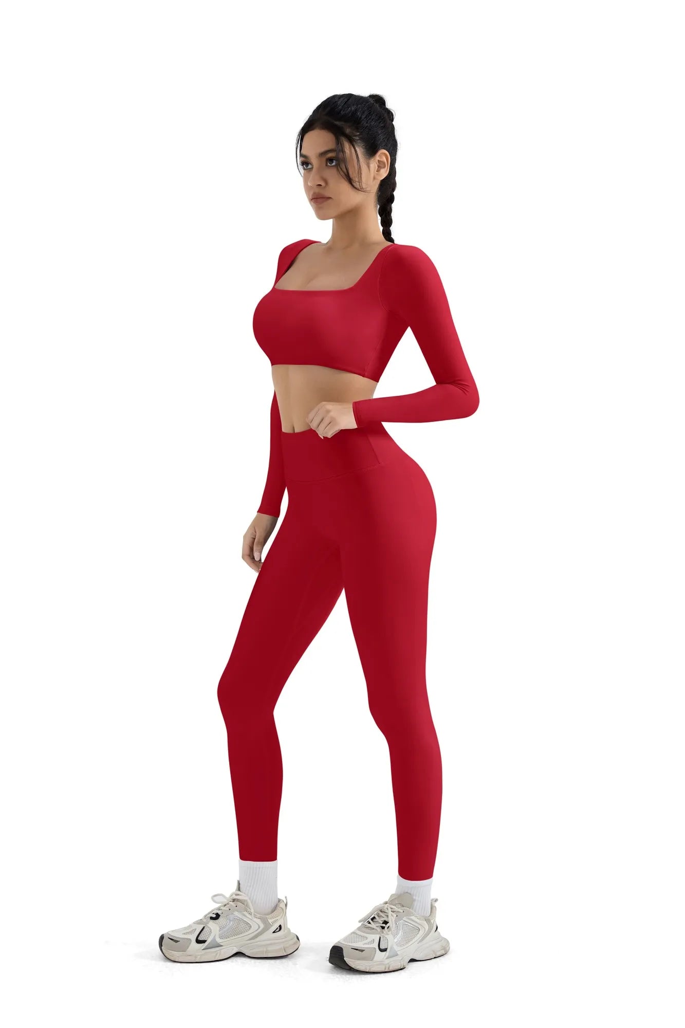 SUUKSESS Women 2 Piece Workout Sets Compression Tummy Control Leggings with Pockets Long Sleeve Square Neck Padded Crop Tops-SUUKSESS-SUUKSESS