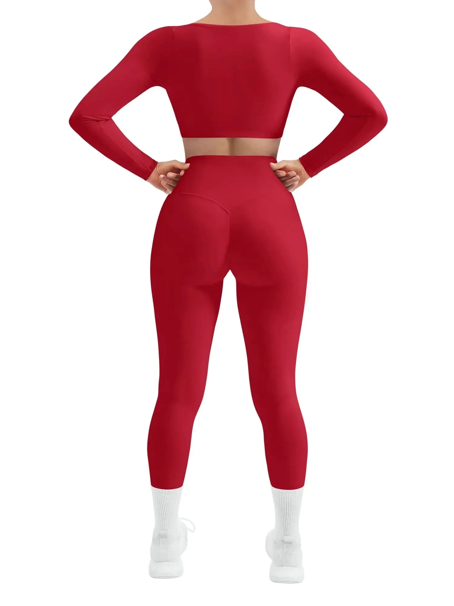 SUUKSESS Women 2 Piece Workout Sets Compression Tummy Control Leggings with Pockets Long Sleeve Square Neck Padded Crop Tops-SUUKSESS-SUUKSESS