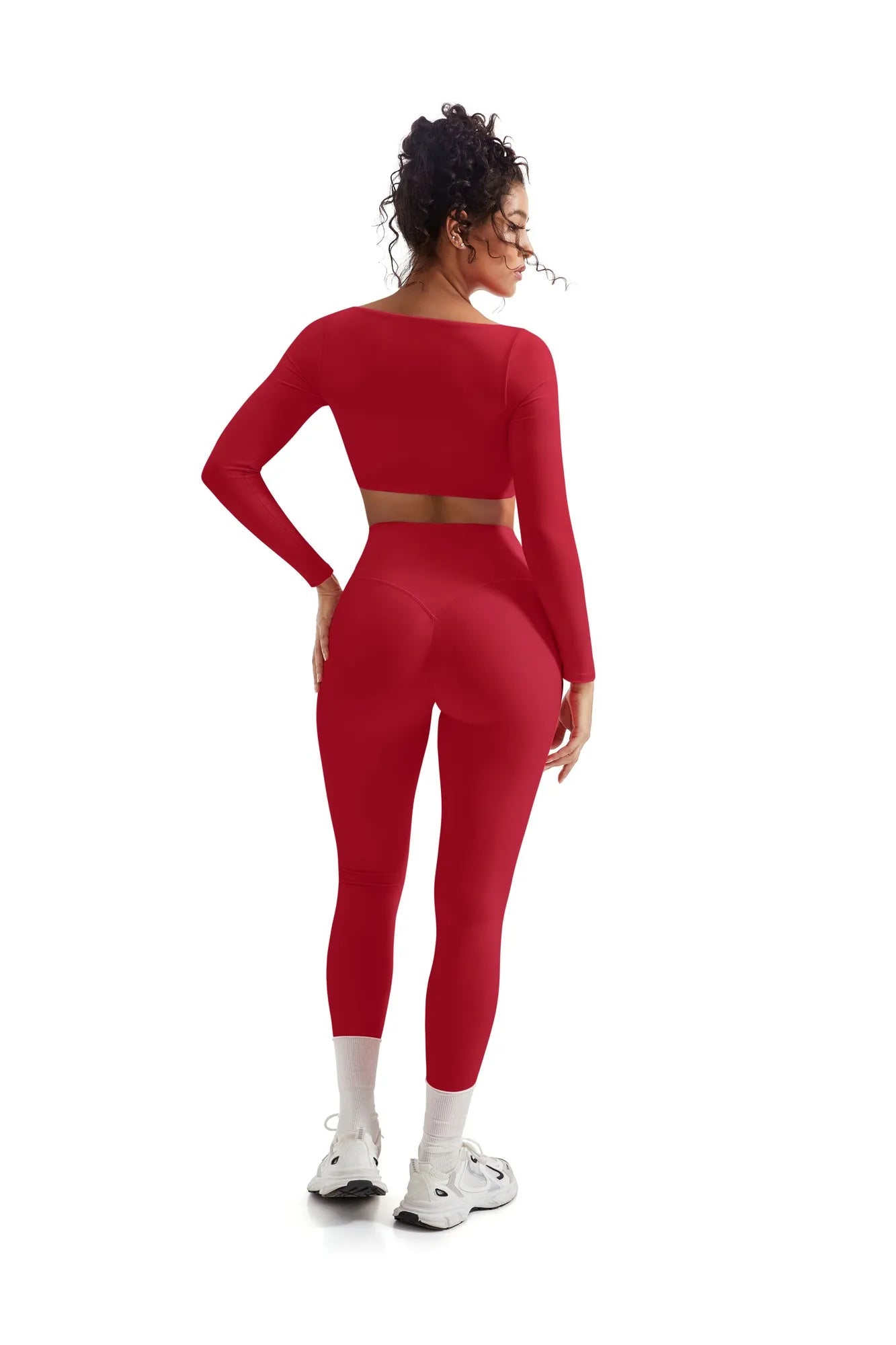 SUUKSESS Women 2 Piece Workout Sets Compression Tummy Control Leggings with Pockets Long Sleeve Square Neck Padded Crop Tops-SUUKSESS-SUUKSESS