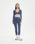 SUUKSESS Women 2 Piece Workout Sets Long Sleeve Twist Deep V Crop Padded Tops Yoga Leggings with Side Pockets-SUUKSESS-Blue-XS-SUUKSESS