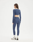 SUUKSESS Women 2 Piece Workout Sets Long Sleeve Twist Deep V Crop Padded Tops Yoga Leggings with Side Pockets-SUUKSESS-SUUKSESS
