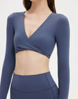 SUUKSESS Women 2 Piece Workout Sets Long Sleeve Twist Deep V Crop Padded Tops Yoga Leggings with Side Pockets-SUUKSESS-SUUKSESS