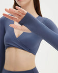SUUKSESS Women 2 Piece Workout Sets Long Sleeve Twist Deep V Crop Padded Tops Yoga Leggings with Side Pockets-SUUKSESS-SUUKSESS