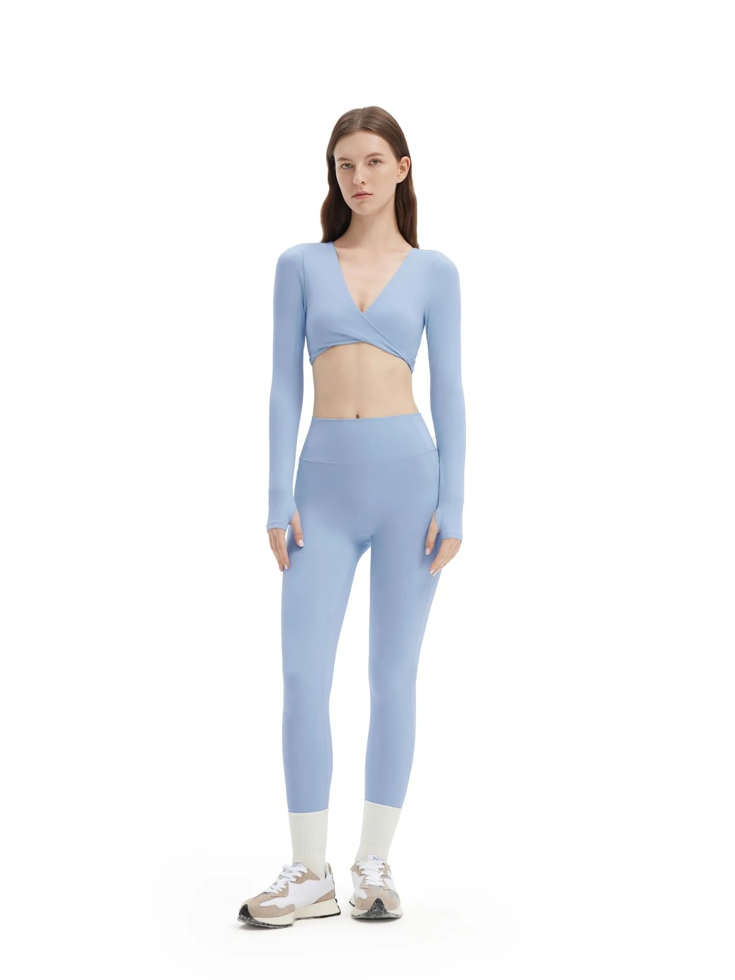 SUUKSESS Women 2 Piece Workout Sets Long Sleeve Twist Deep V Crop Padded Tops Yoga Leggings with Side Pockets-SUUKSESS-Sky Blue-XS-SUUKSESS