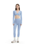 SUUKSESS Women 2 Piece Workout Sets Long Sleeve Twist Deep V Crop Padded Tops Yoga Leggings with Side Pockets-SUUKSESS-Sky Blue-XS-SUUKSESS