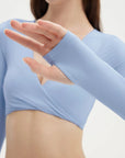 SUUKSESS Women 2 Piece Workout Sets Long Sleeve Twist Deep V Crop Padded Tops Yoga Leggings with Side Pockets-SUUKSESS-SUUKSESS