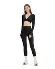 SUUKSESS Women 2 Piece Workout Sets Long Sleeve Twist Deep V Crop Padded Tops Yoga Leggings with Side Pockets-SUUKSESS-Black-XS-SUUKSESS