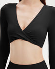 SUUKSESS Women 2 Piece Workout Sets Long Sleeve Twist Deep V Crop Padded Tops Yoga Leggings with Side Pockets-SUUKSESS-SUUKSESS