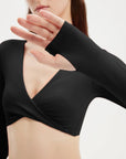 SUUKSESS Women 2 Piece Workout Sets Long Sleeve Twist Deep V Crop Padded Tops Yoga Leggings with Side Pockets-SUUKSESS-SUUKSESS