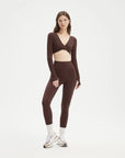 SUUKSESS Women 2 Piece Workout Sets Long Sleeve Twist Deep V Crop Padded Tops Yoga Leggings with Side Pockets-SUUKSESS-Brown-XS-SUUKSESS