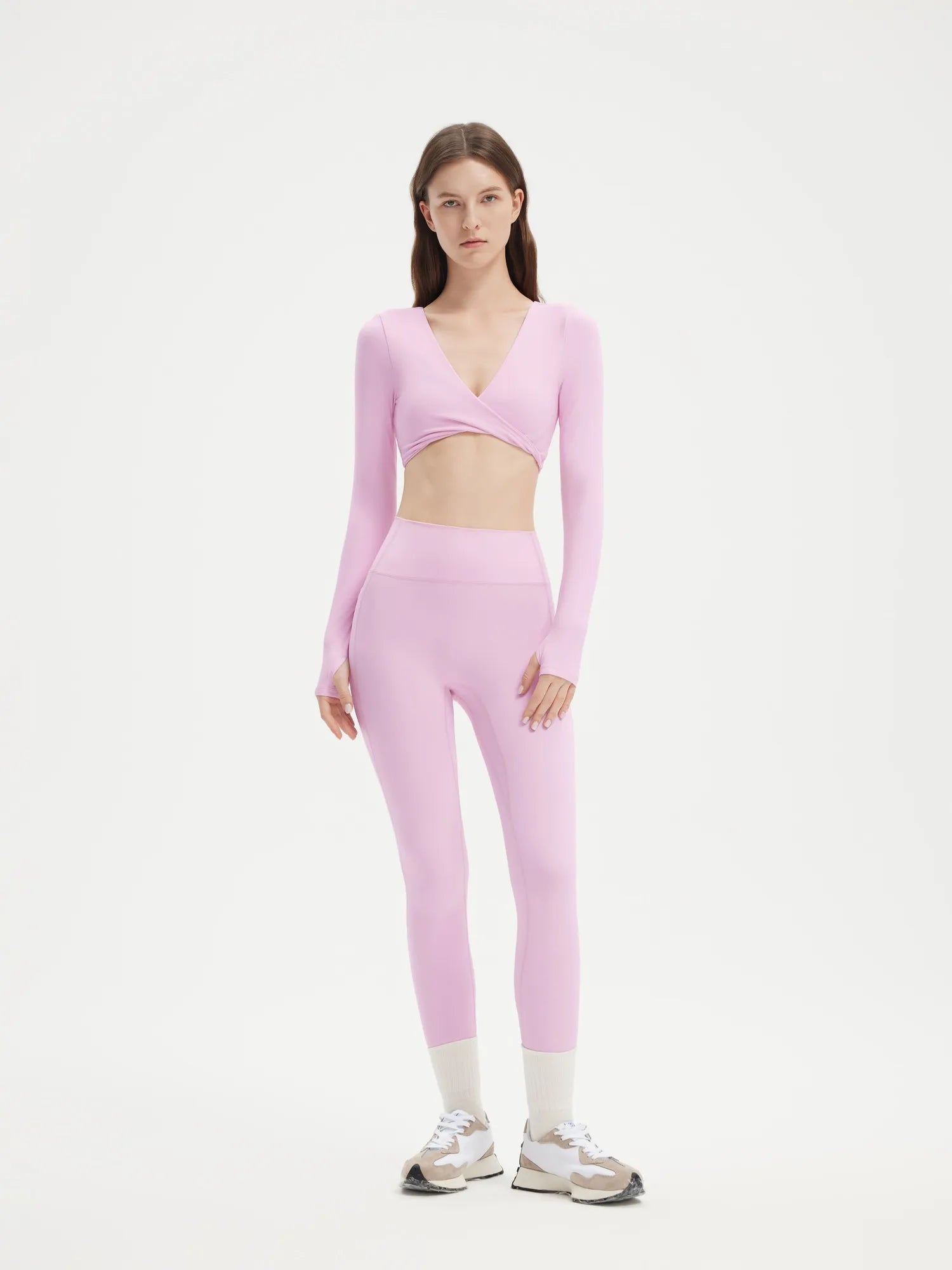 SUUKSESS Women 2 Piece Workout Sets Long Sleeve Twist Deep V Crop Padded Tops Yoga Leggings with Side Pockets-SUUKSESS-Light Pink-XS-SUUKSESS