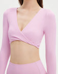 SUUKSESS Women 2 Piece Workout Sets Long Sleeve Twist Deep V Crop Padded Tops Yoga Leggings with Side Pockets-SUUKSESS-SUUKSESS