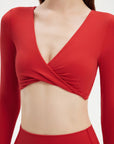 SUUKSESS Women 2 Piece Workout Sets Long Sleeve Twist Deep V Crop Padded Tops Yoga Leggings with Side Pockets-SUUKSESS-SUUKSESS