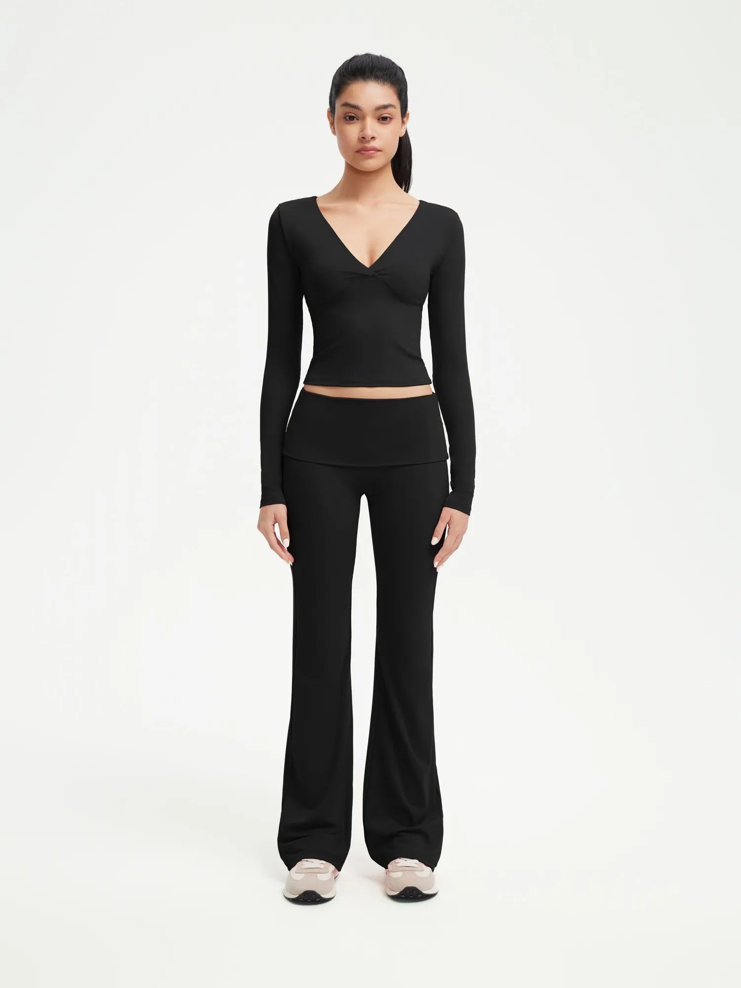 SUUKSESS Women 2 pieces Lounge Sets Long Sleeve V Neck Tops Fold Over Flare Leggings-SUUKSESS-Black-XS-SUUKSESS