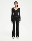 SUUKSESS Women 2 pieces Lounge Sets Long Sleeve V Neck Tops Fold Over Flare Leggings-SUUKSESS-Black-XS-SUUKSESS
