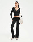 SUUKSESS Women 2 pieces Lounge Sets Long Sleeve V Neck Tops Fold Over Flare Leggings-SUUKSESS-SUUKSESS