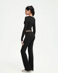 SUUKSESS Women 2 pieces Lounge Sets Long Sleeve V Neck Tops Fold Over Flare Leggings-SUUKSESS-SUUKSESS
