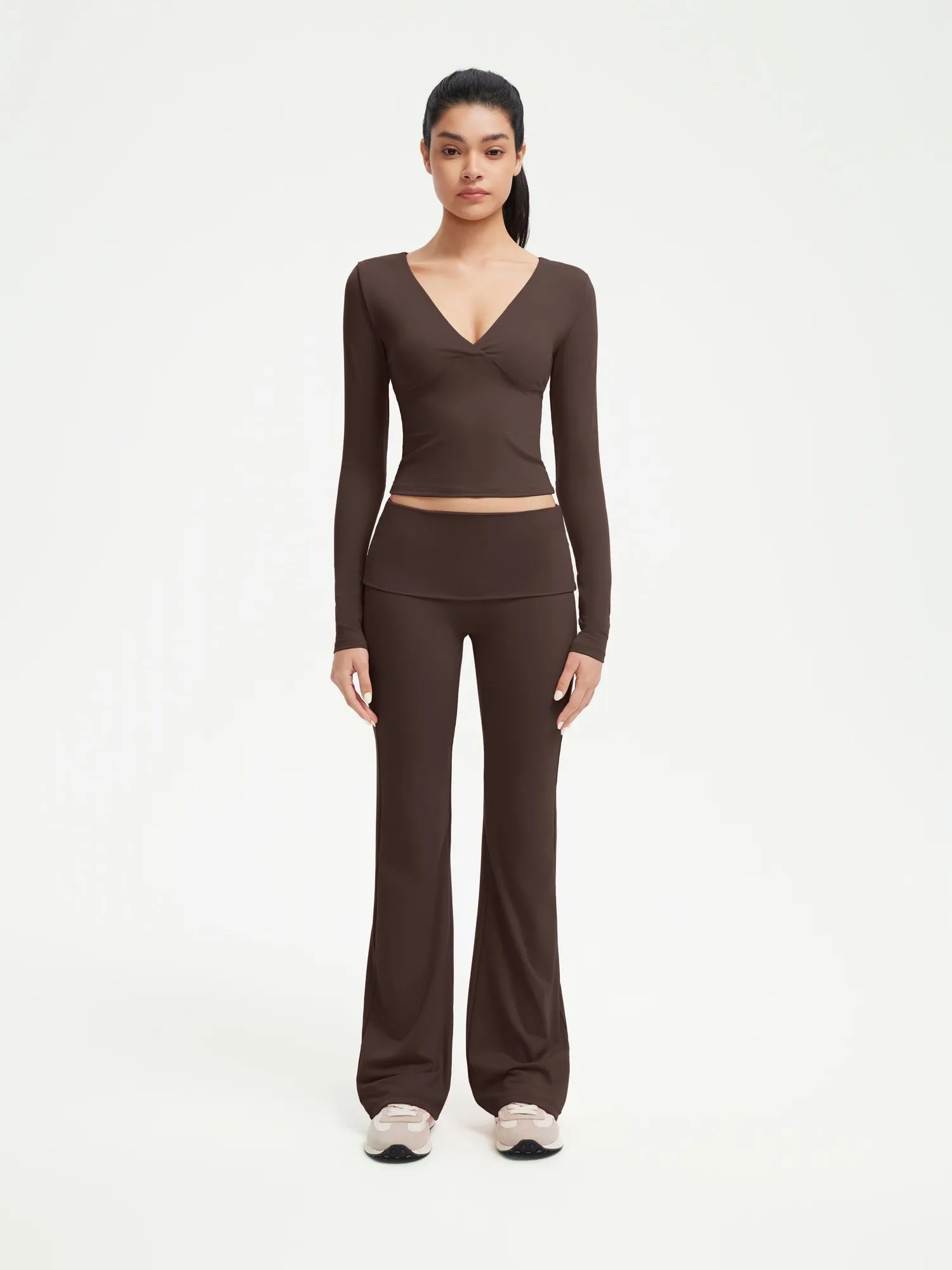 SUUKSESS Women 2 pieces Lounge Sets Long Sleeve V Neck Tops Fold Over Flare Leggings-SUUKSESS-Brown-XS-SUUKSESS