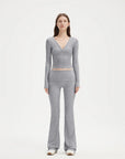 SUUKSESS Women 2 pieces Lounge Sets Long Sleeve V Neck Tops Fold Over Flare Leggings-SUUKSESS-Light Gray-XS-SUUKSESS