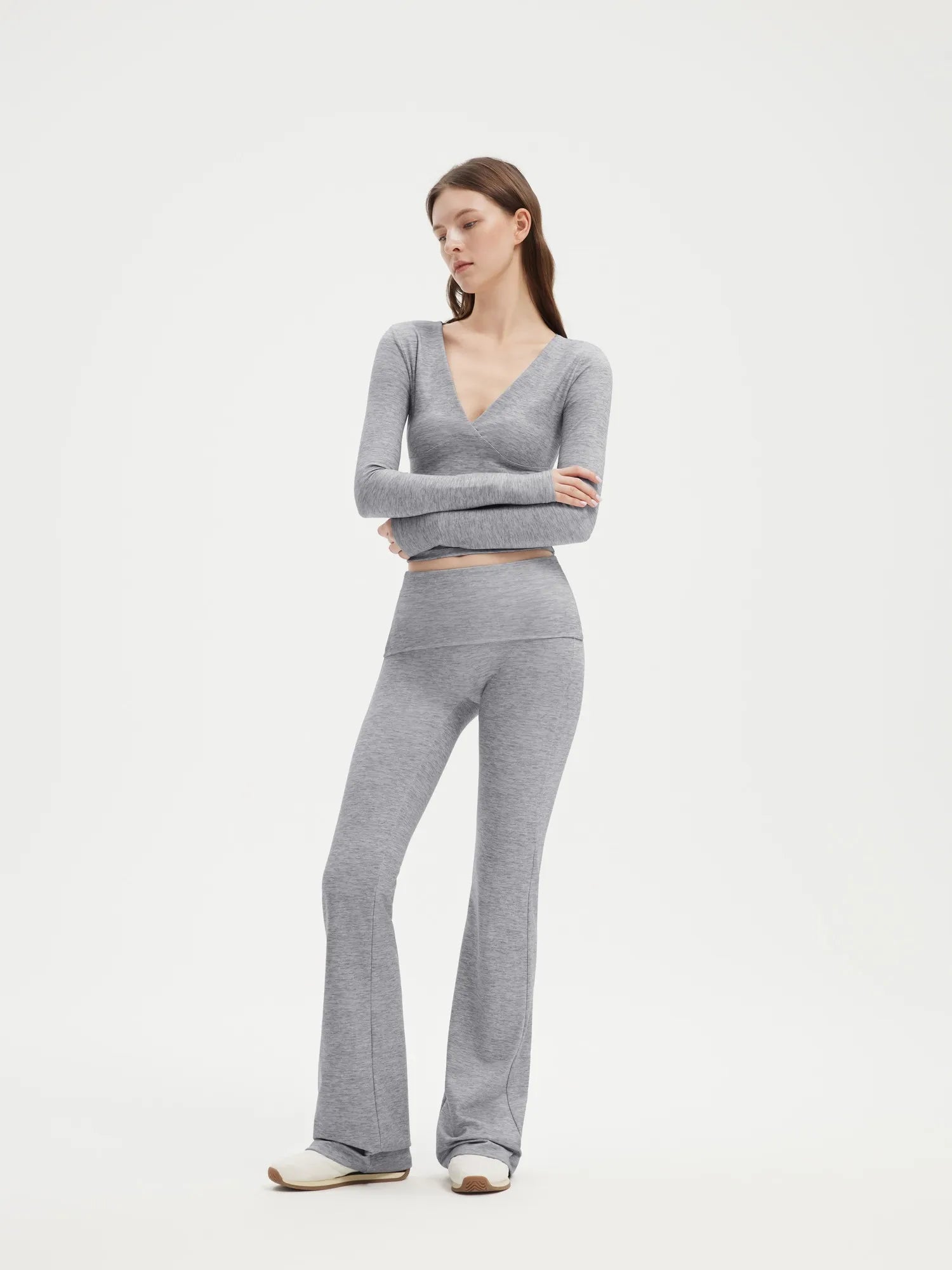 SUUKSESS Women 2 pieces Lounge Sets Long Sleeve V Neck Tops Fold Over Flare Leggings-SUUKSESS-SUUKSESS