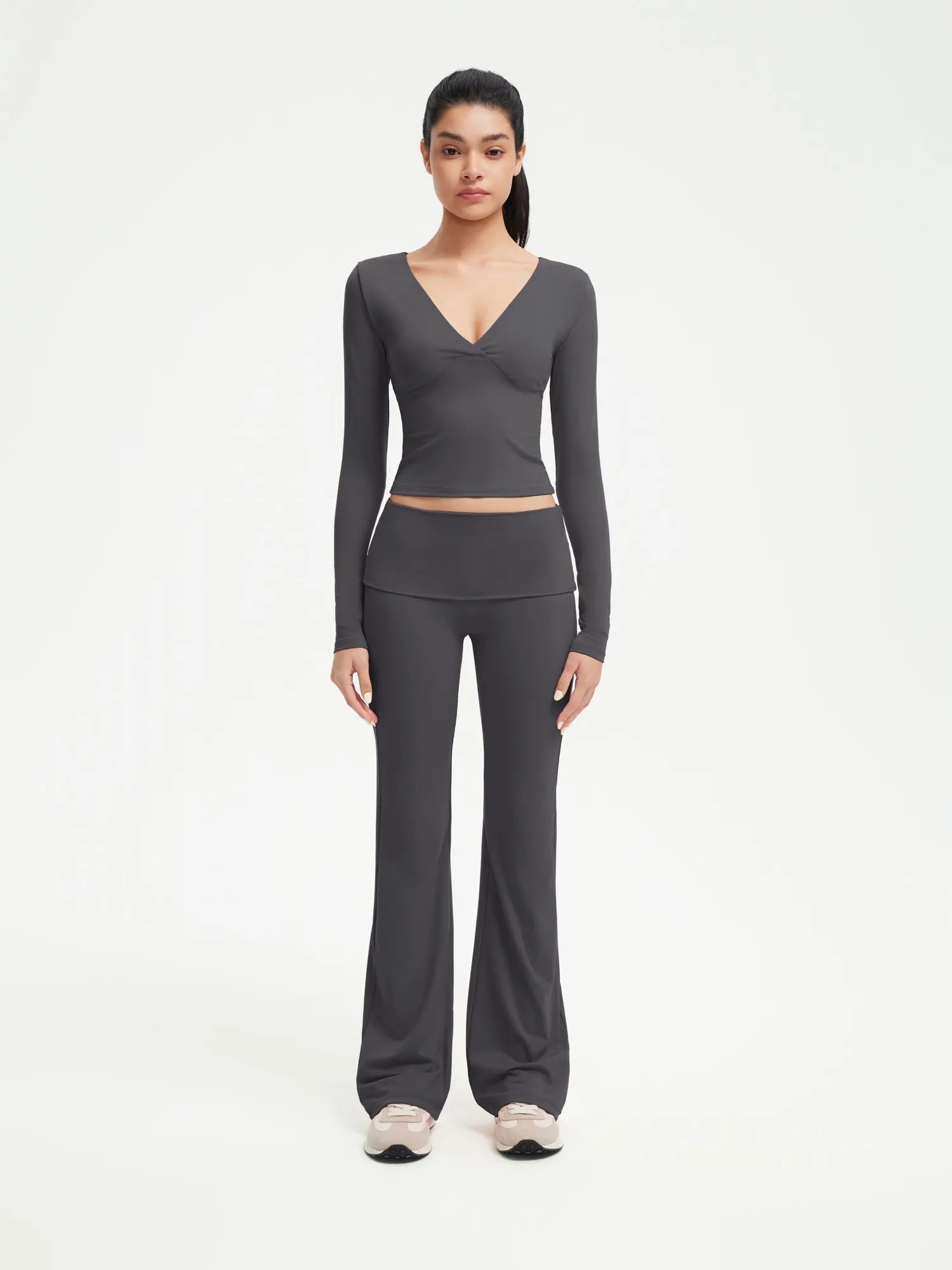 SUUKSESS Women 2 pieces Lounge Sets Long Sleeve V Neck Tops Fold Over Flare Leggings-SUUKSESS-Gray-XS-SUUKSESS