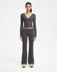 SUUKSESS Women 2 pieces Lounge Sets Long Sleeve V Neck Tops Fold Over Flare Leggings-SUUKSESS-Gray-XS-SUUKSESS