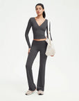 SUUKSESS Women 2 pieces Lounge Sets Long Sleeve V Neck Tops Fold Over Flare Leggings-SUUKSESS-SUUKSESS