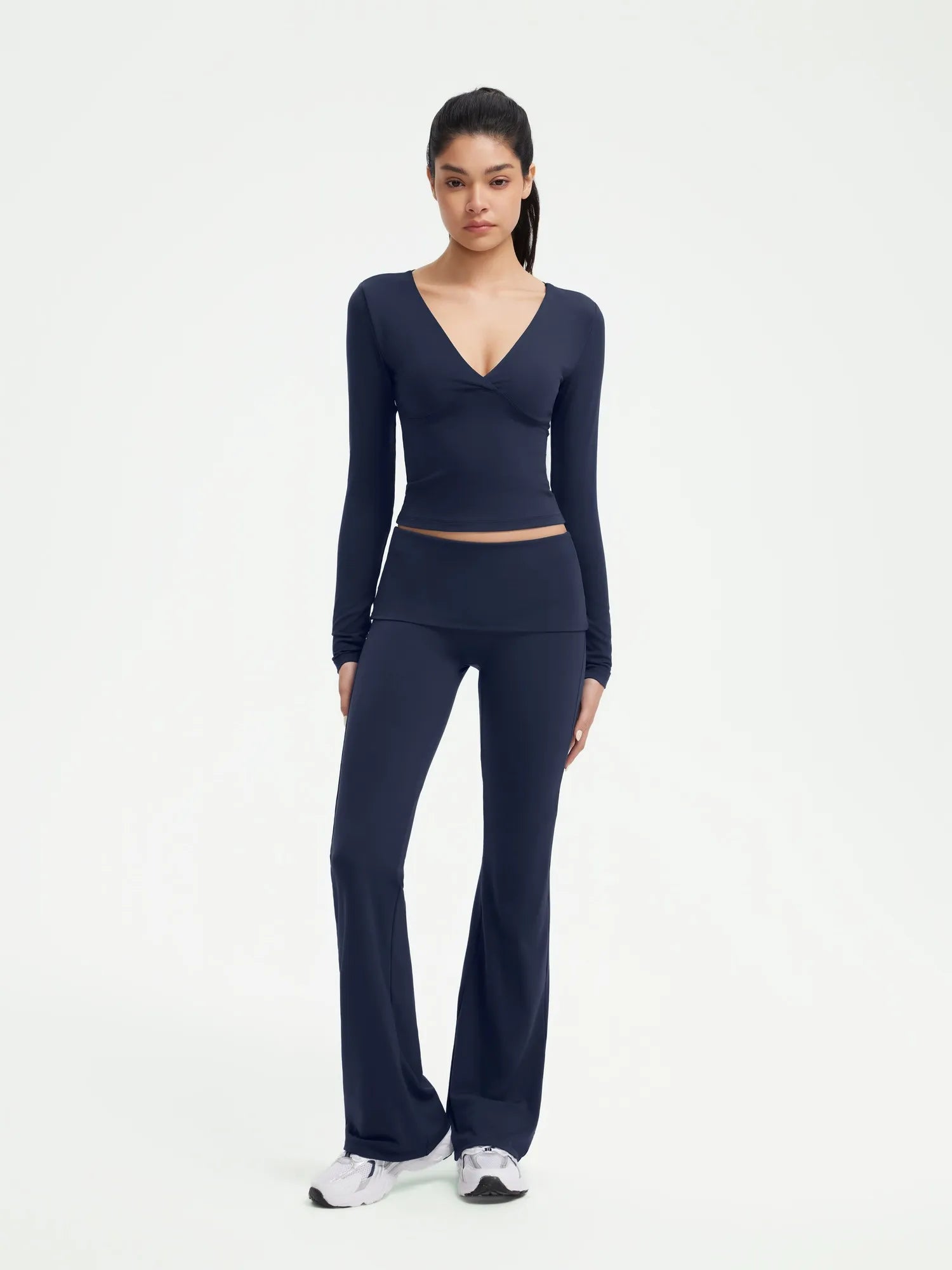 SUUKSESS Women 2 pieces Lounge Sets Long Sleeve V Neck Tops Fold Over Flare Leggings-SUUKSESS-Navy-XS-SUUKSESS