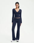 SUUKSESS Women 2 pieces Lounge Sets Long Sleeve V Neck Tops Fold Over Flare Leggings-SUUKSESS-Navy-XS-SUUKSESS
