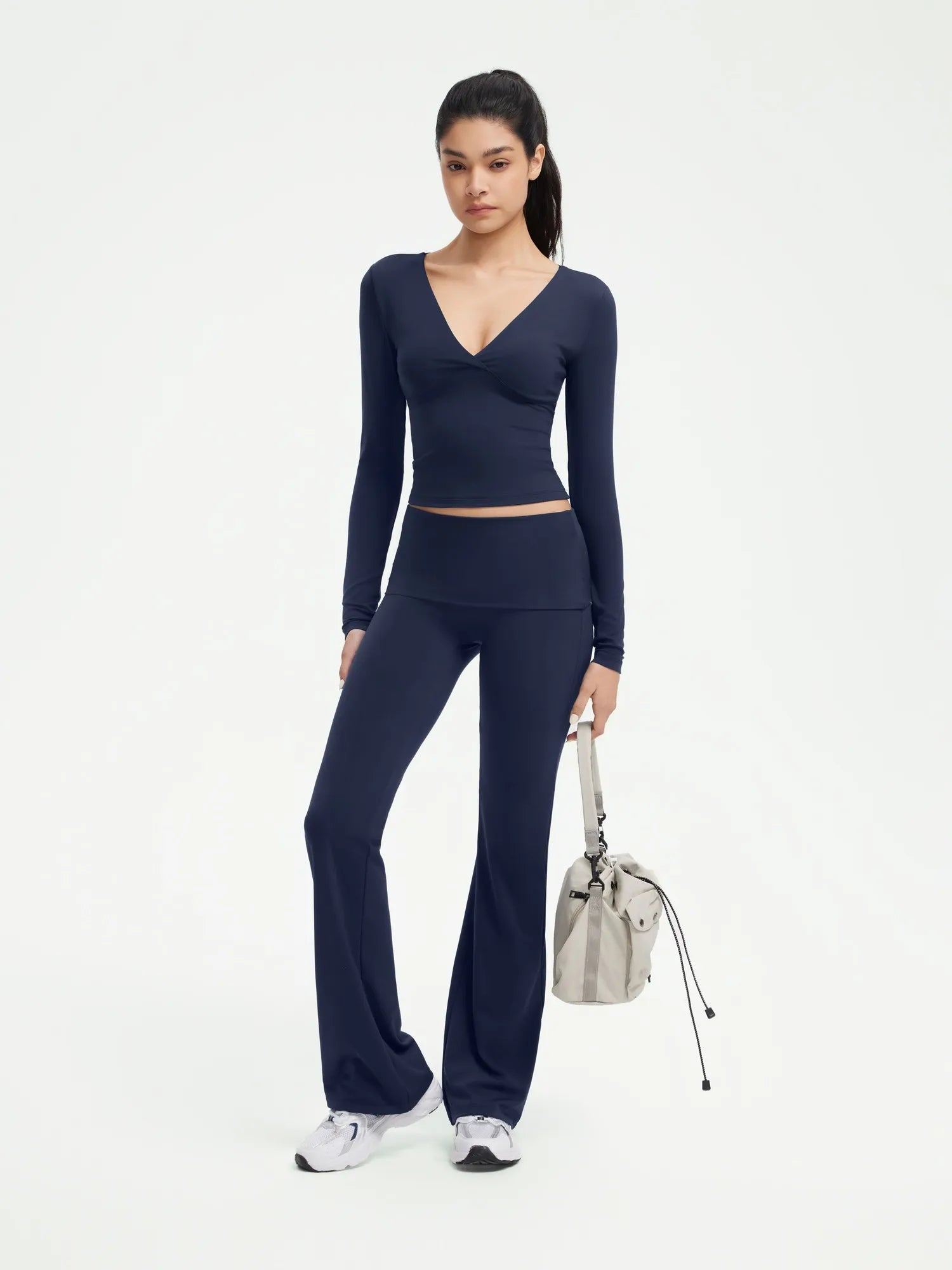 SUUKSESS Women 2 pieces Lounge Sets Long Sleeve V Neck Tops Fold Over Flare Leggings-SUUKSESS-SUUKSESS