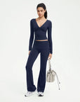 SUUKSESS Women 2 pieces Lounge Sets Long Sleeve V Neck Tops Fold Over Flare Leggings-SUUKSESS-SUUKSESS