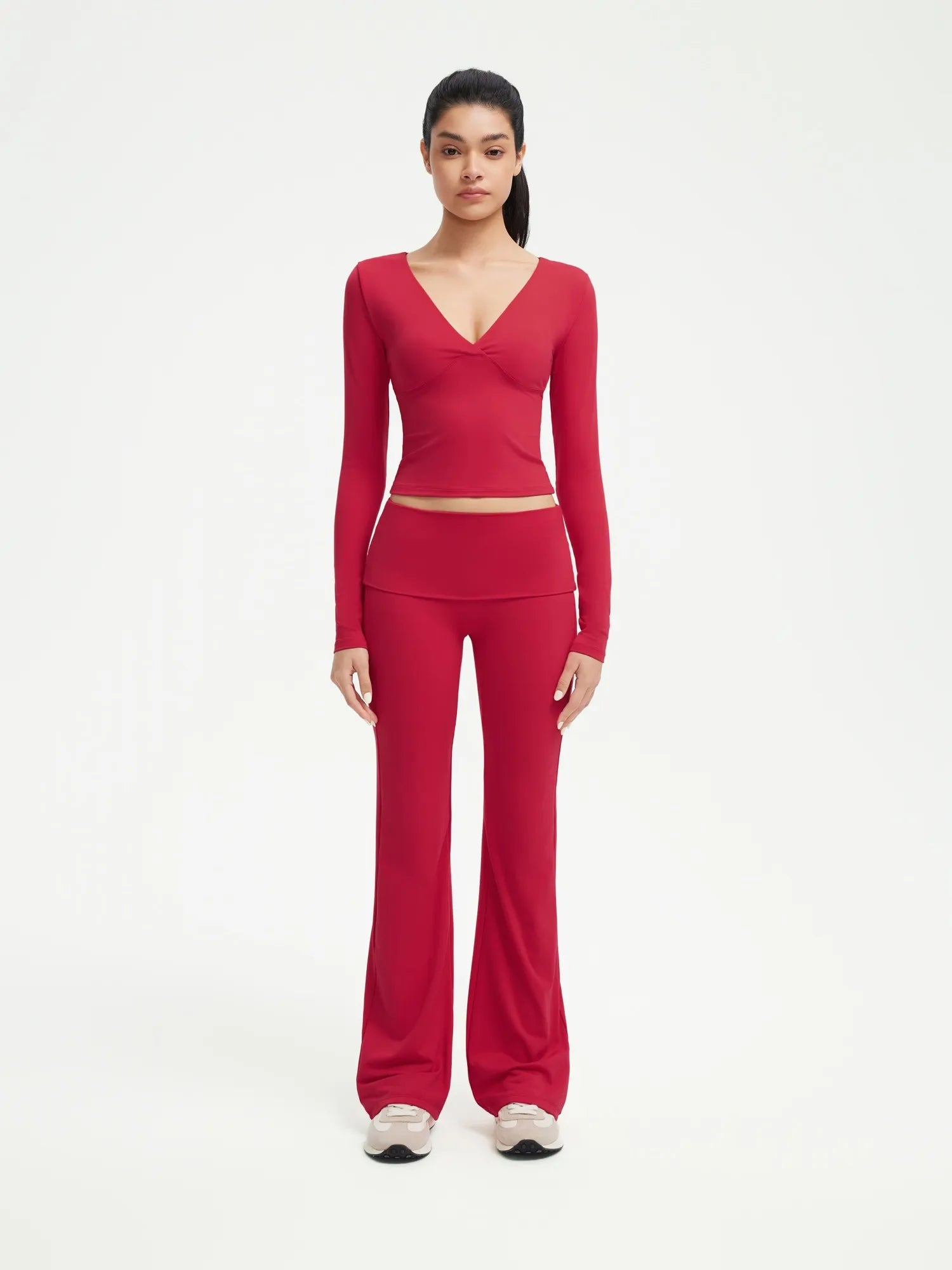 SUUKSESS Women 2 pieces Lounge Sets Long Sleeve V Neck Tops Fold Over Flare Leggings-SUUKSESS-Red-XS-SUUKSESS