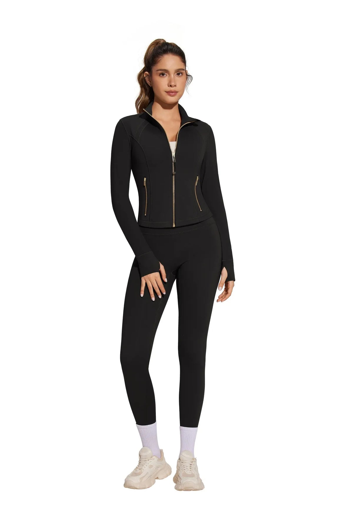 Golden Full Zip Up Jackets Workout Set