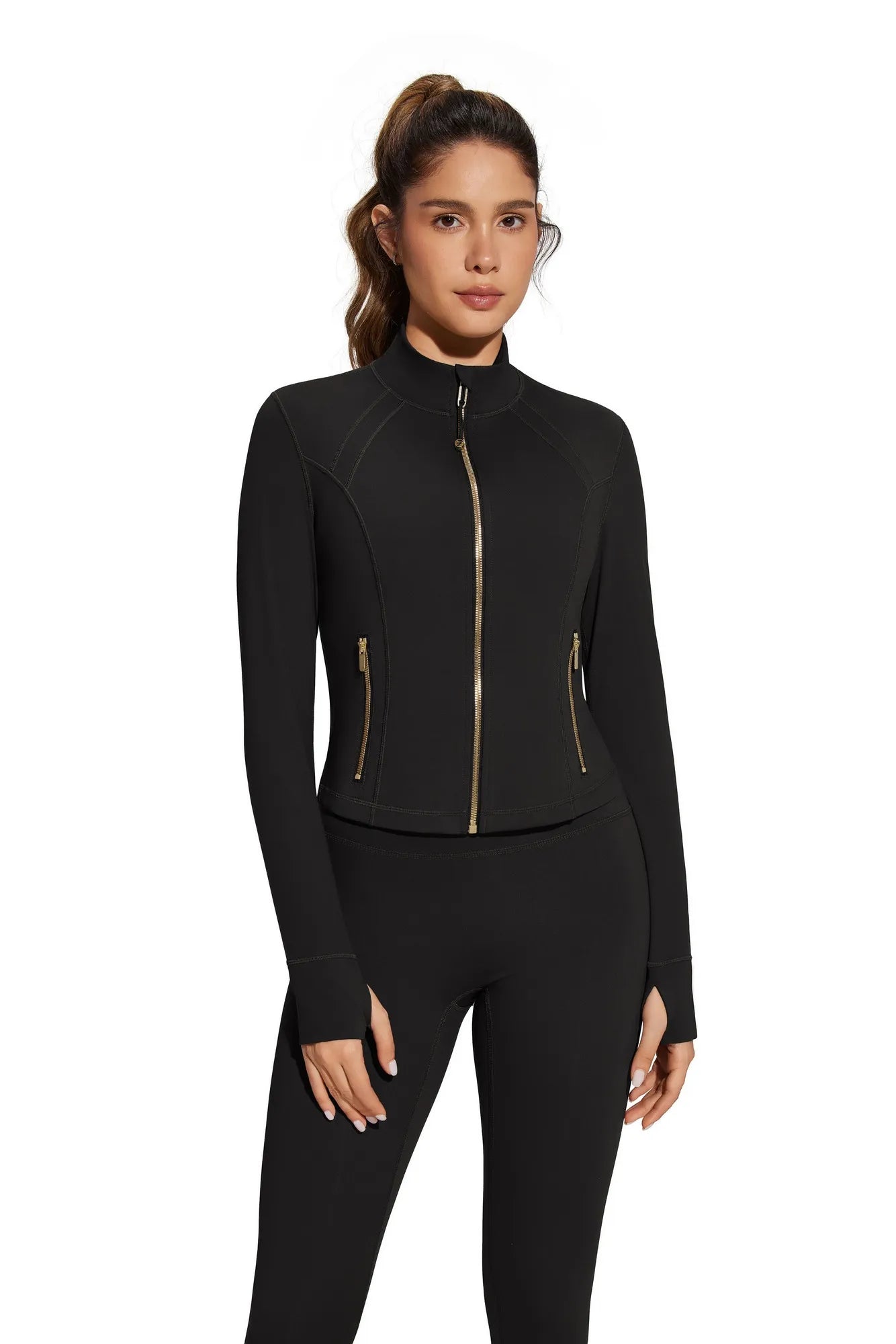 Golden Full Zip Up Jackets Workout Set