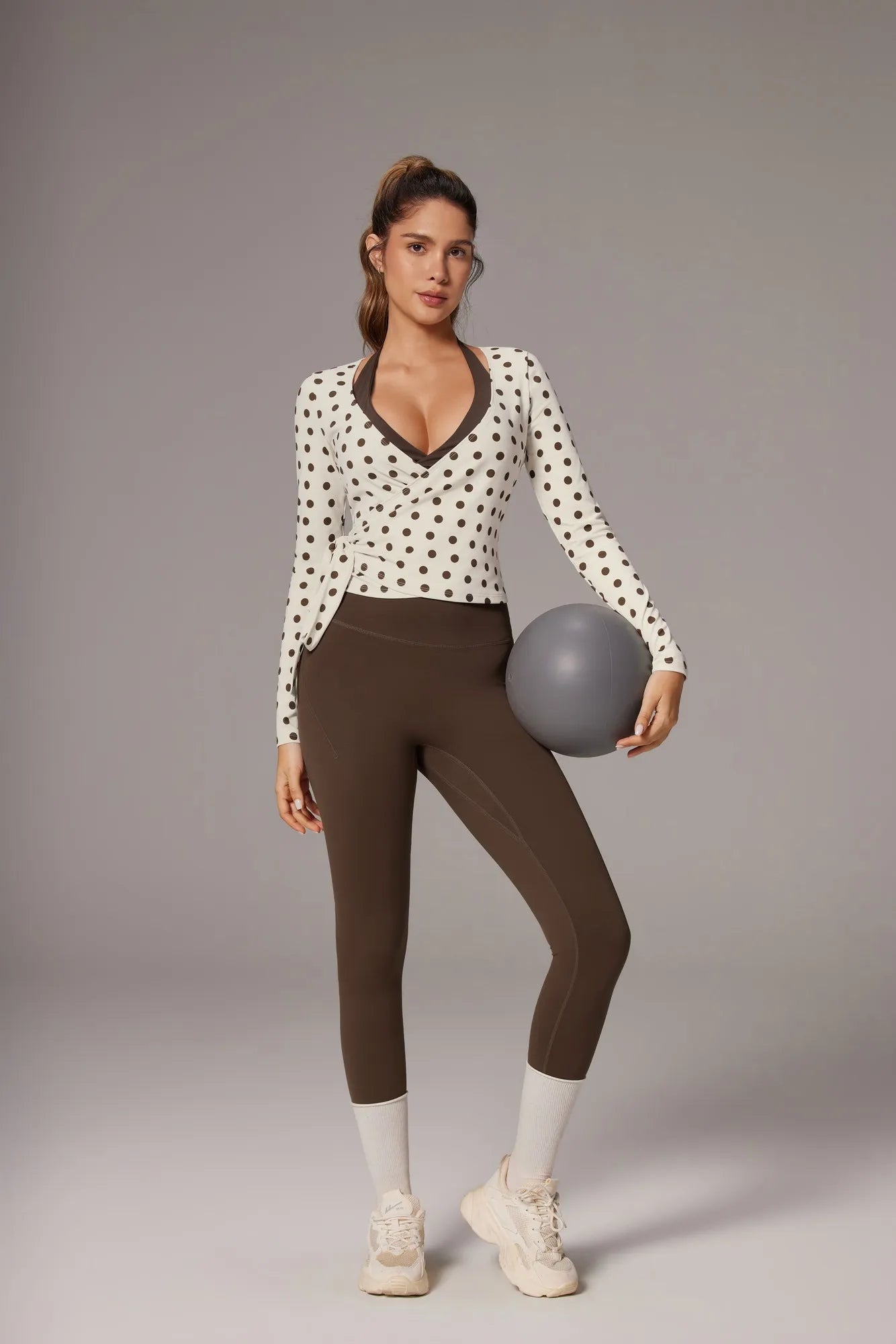 Tie Front Wrap Tops Leggings Outfits - Long Sleeve