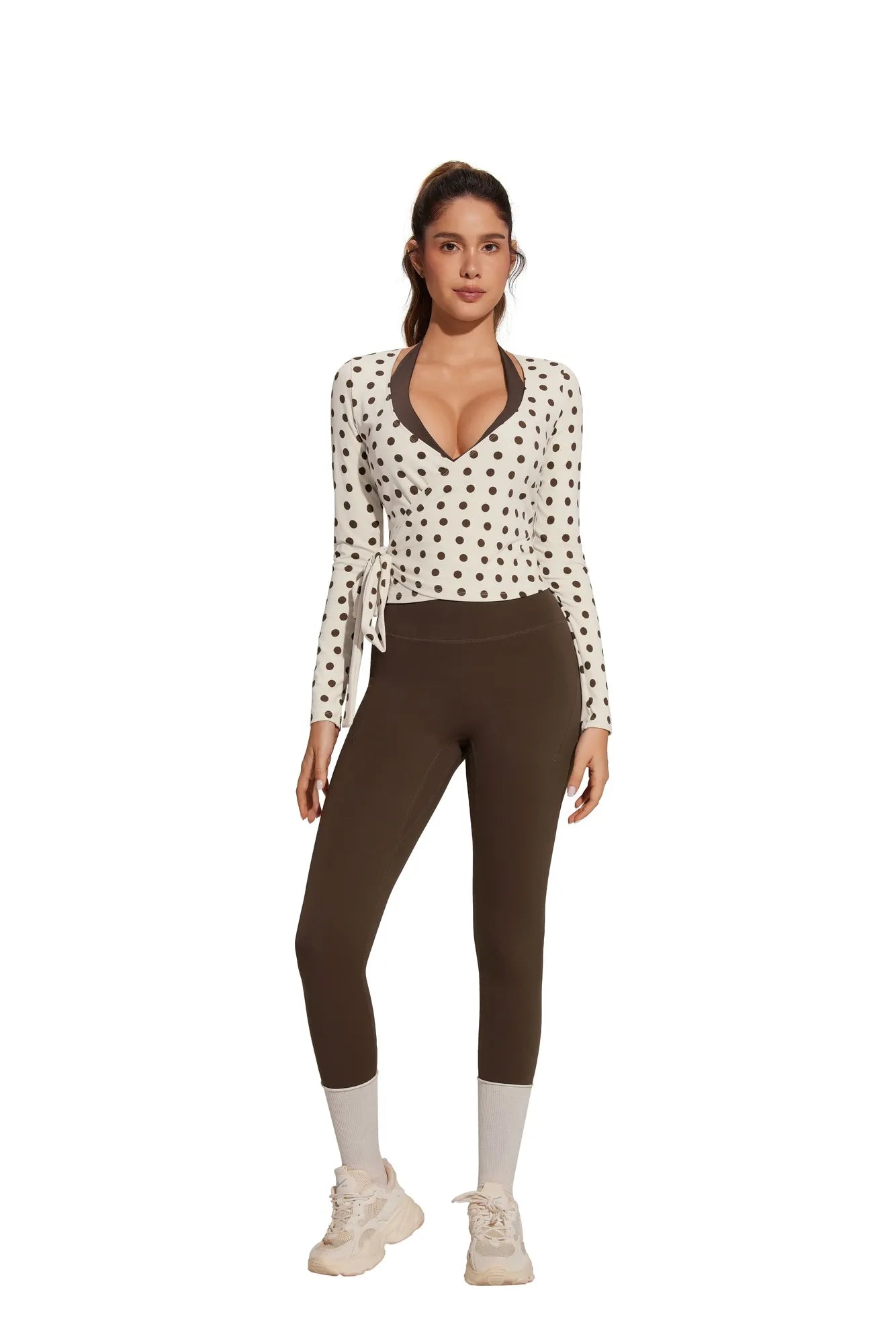 Tie Front Wrap Tops Leggings Outfits - Long Sleeve