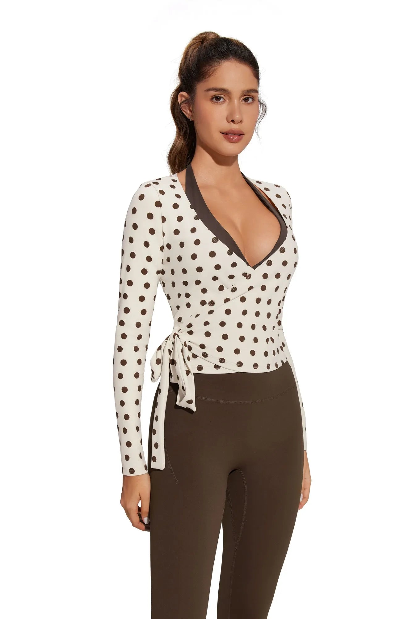 Tie Front Wrap Tops Leggings Outfits - Long Sleeve