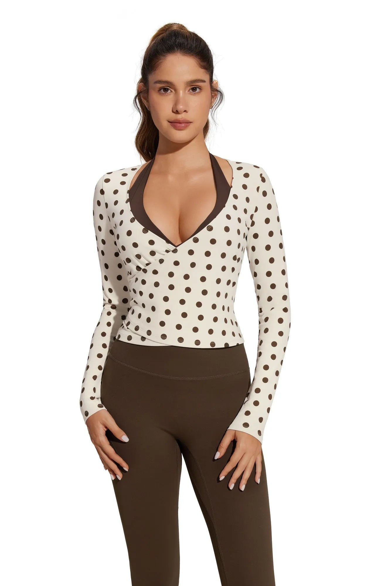 Tie Front Wrap Tops Leggings Outfits - Long Sleeve