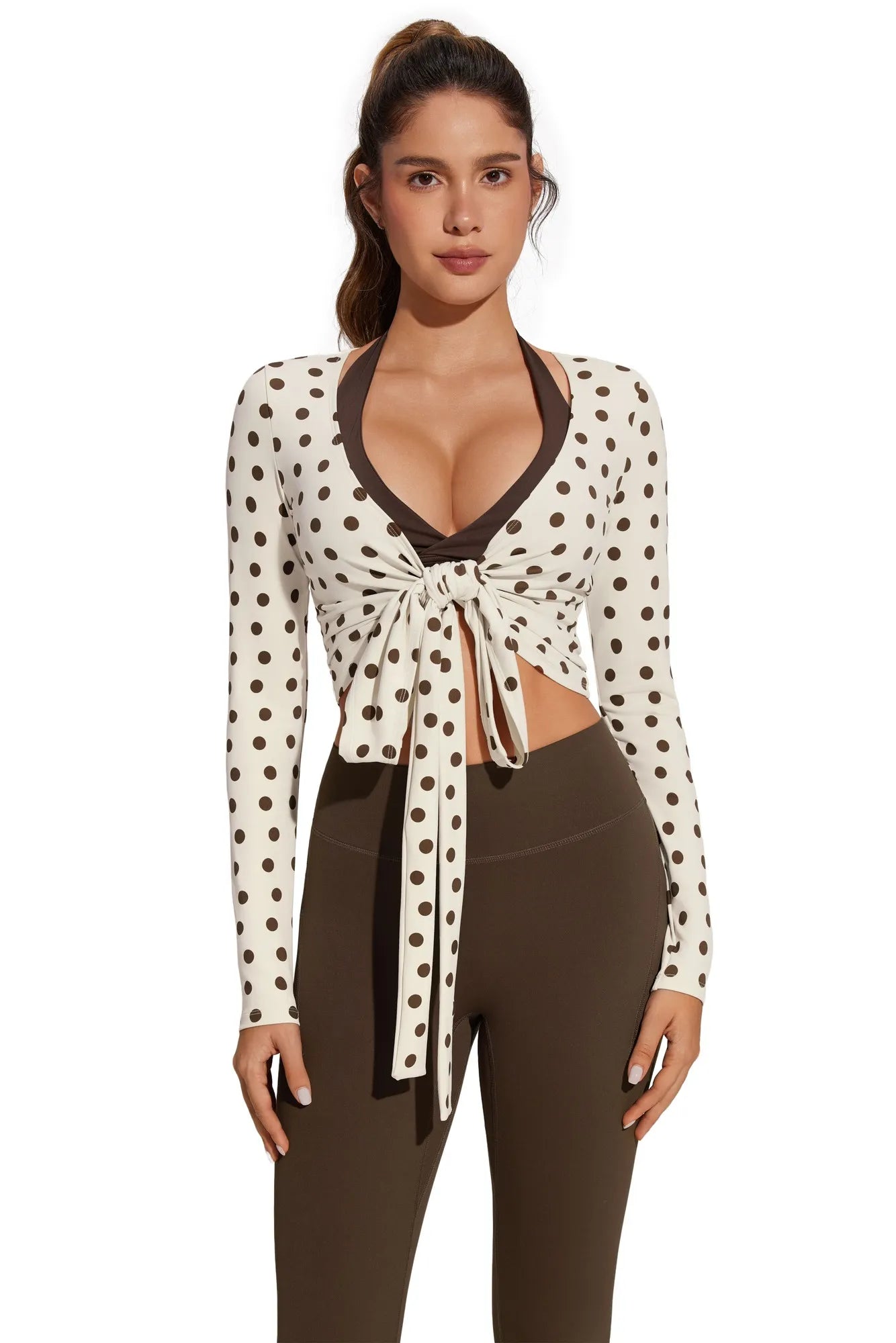 Tie Front Wrap Tops Leggings Outfits - Long Sleeve