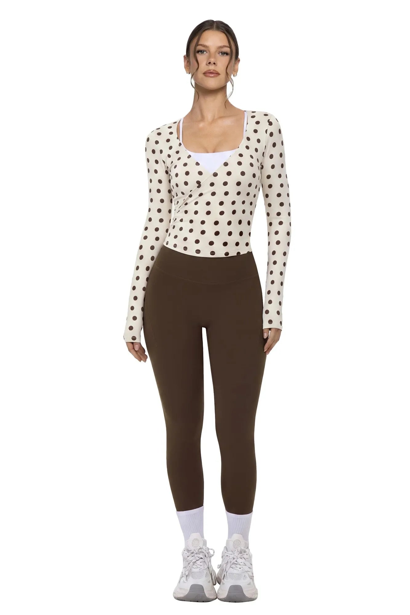 Tie Front Wrap Tops Leggings Outfits - Long Sleeve