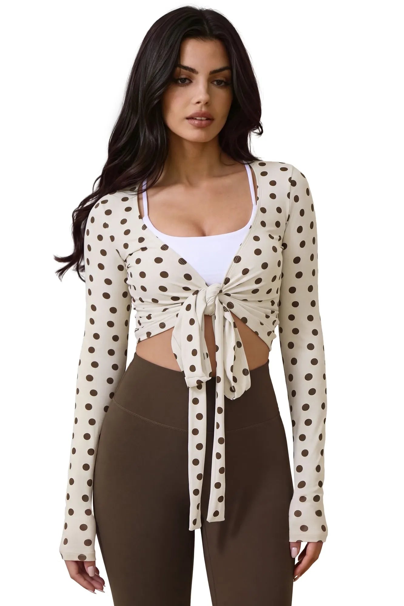 Tie Front Wrap Tops Leggings Outfits - Long Sleeve