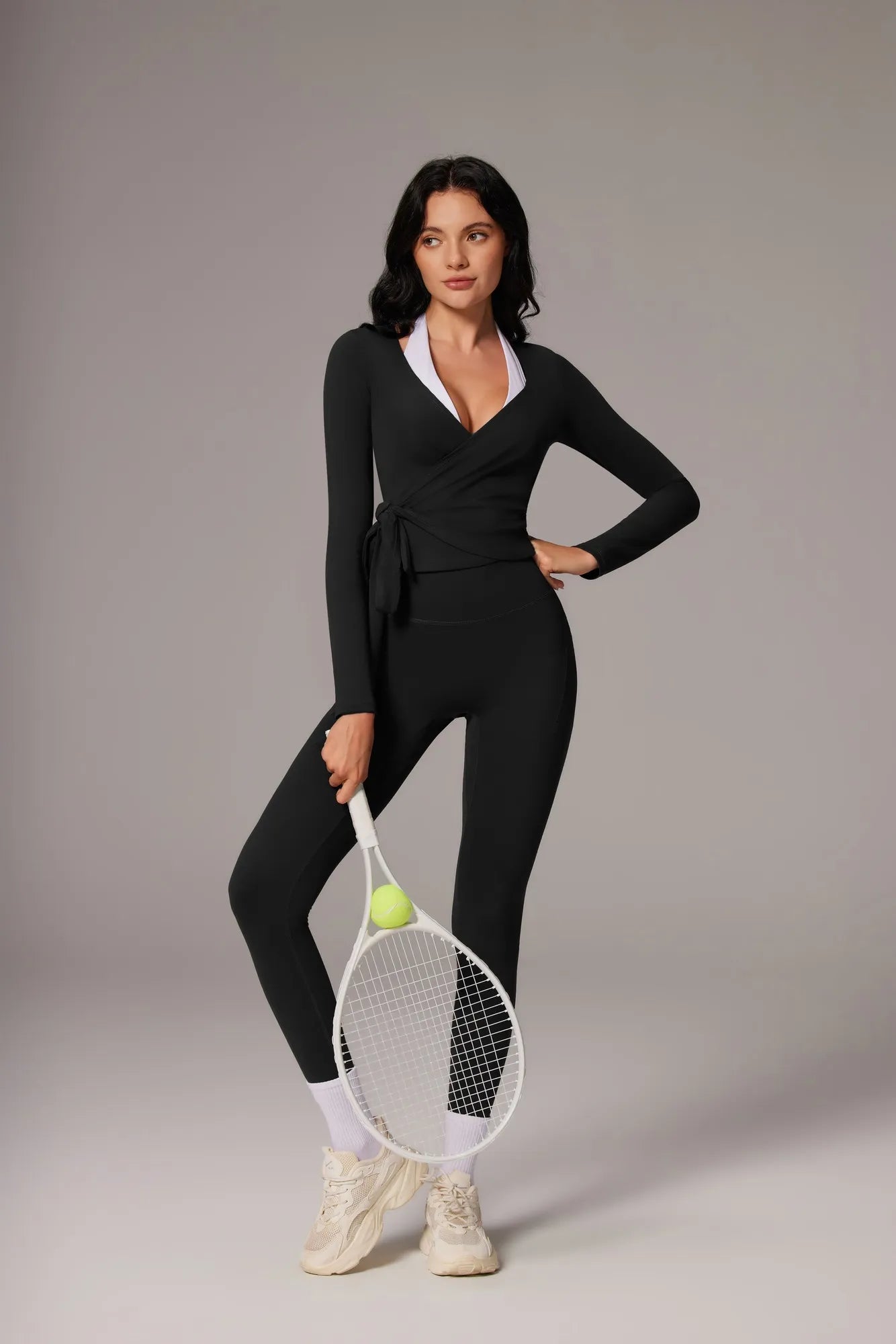 Tie Front Wrap Tops Leggings Outfits - Long Sleeve