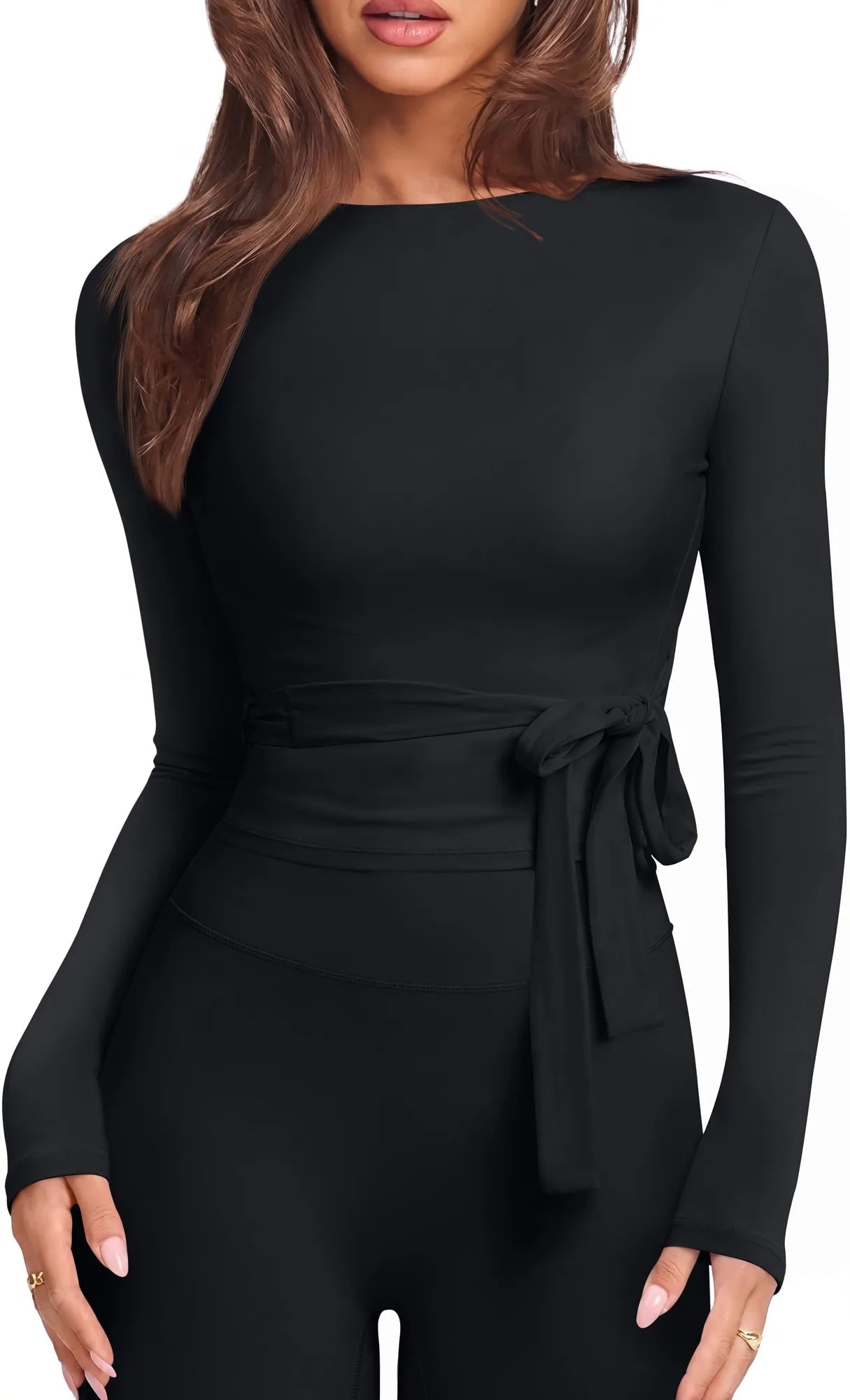 Tie Front Wrap Tops Leggings Outfits - Long Sleeve