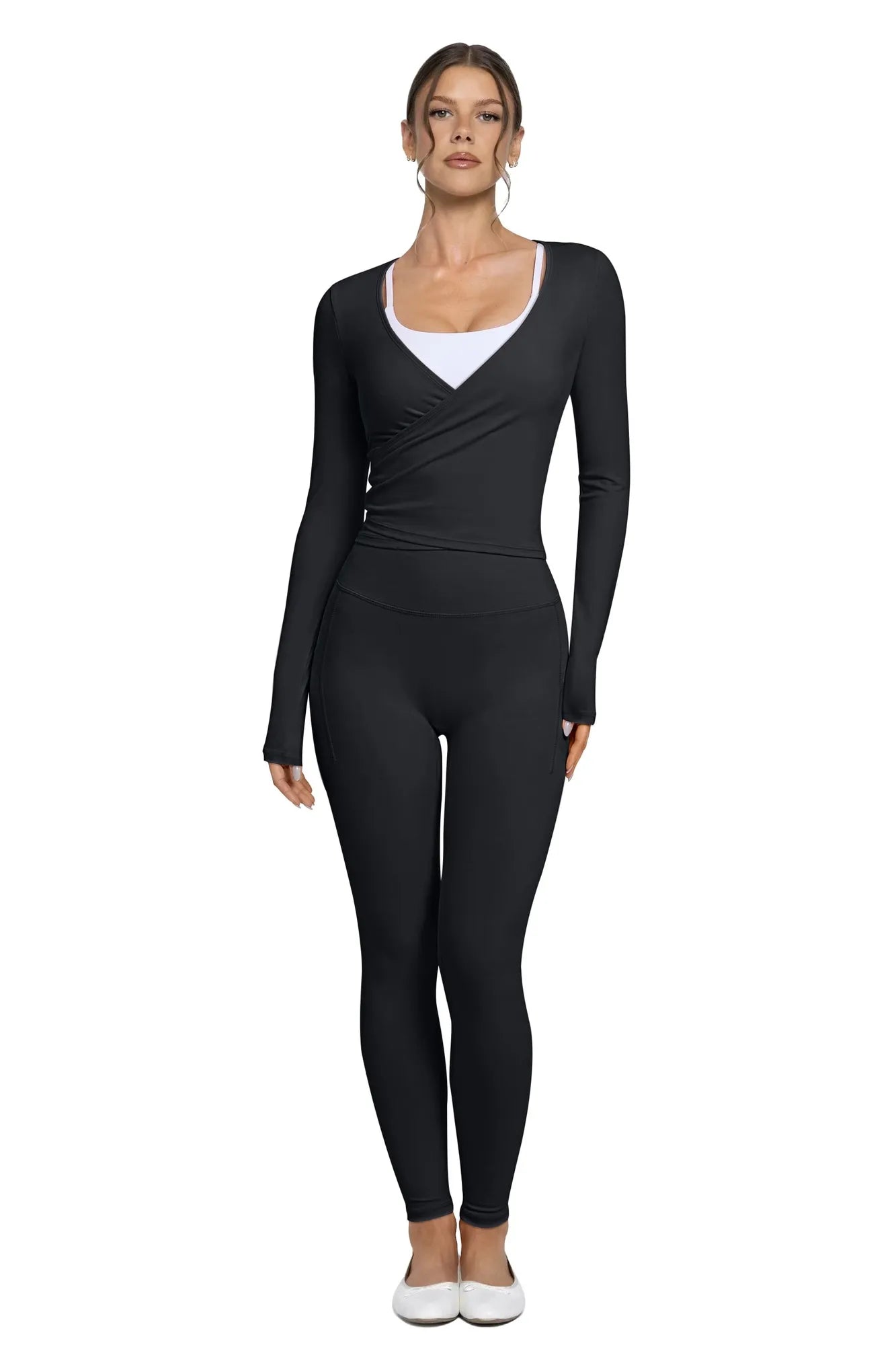 Tie Front Wrap Tops Leggings Outfits - Long Sleeve