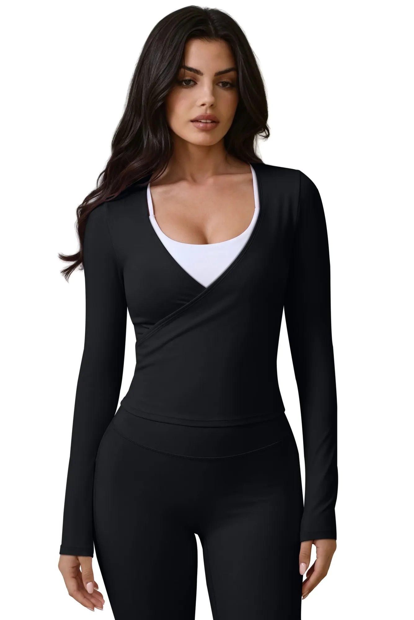 Tie Front Wrap Tops Leggings Outfits - Long Sleeve
