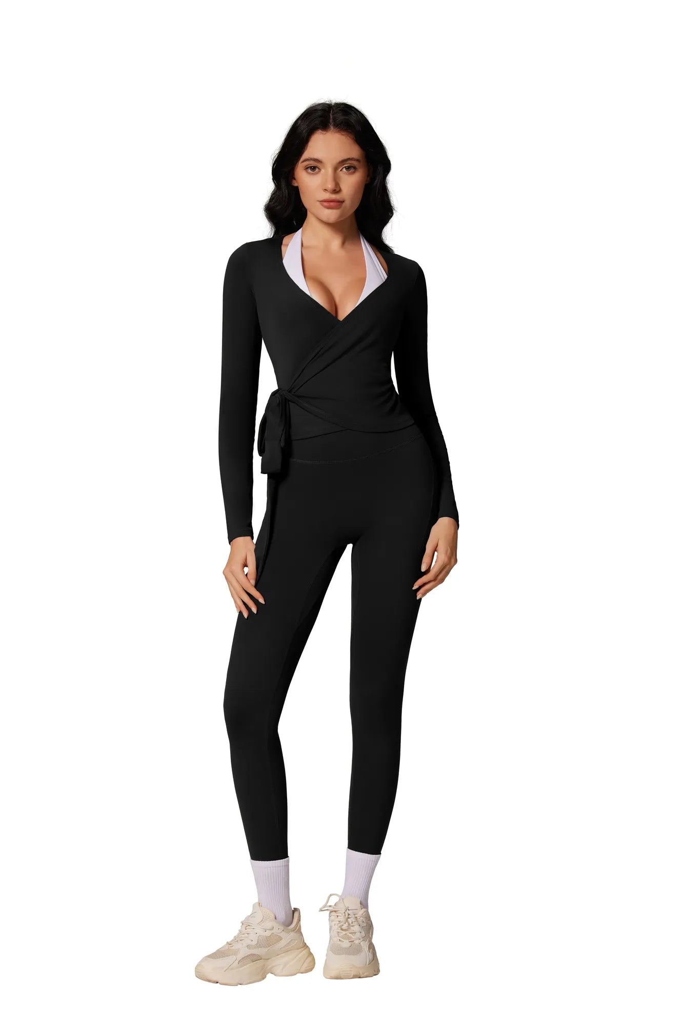 Tie Front Wrap Tops Leggings Outfits - Long Sleeve