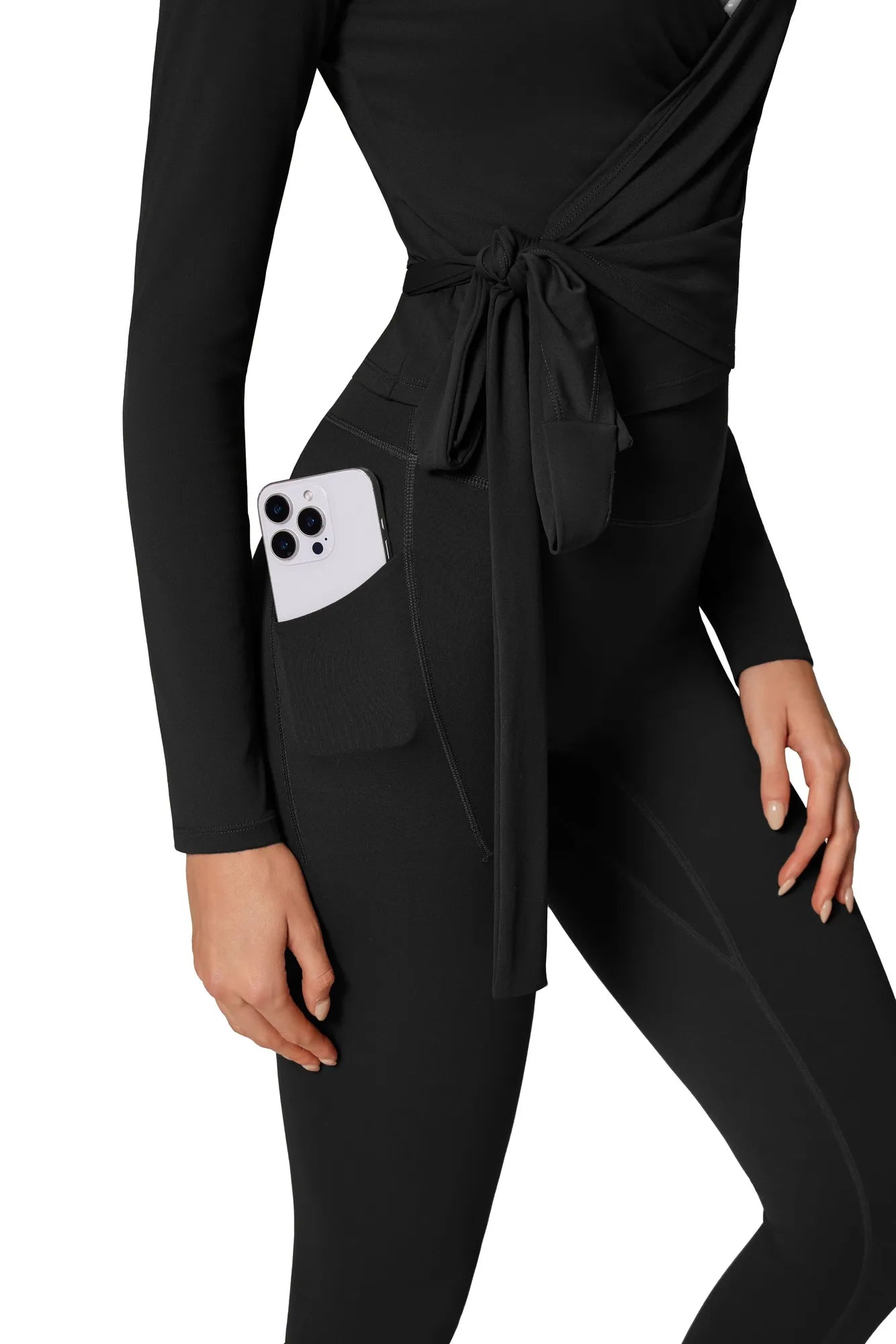 Tie Front Wrap Tops Leggings Outfits - Long Sleeve