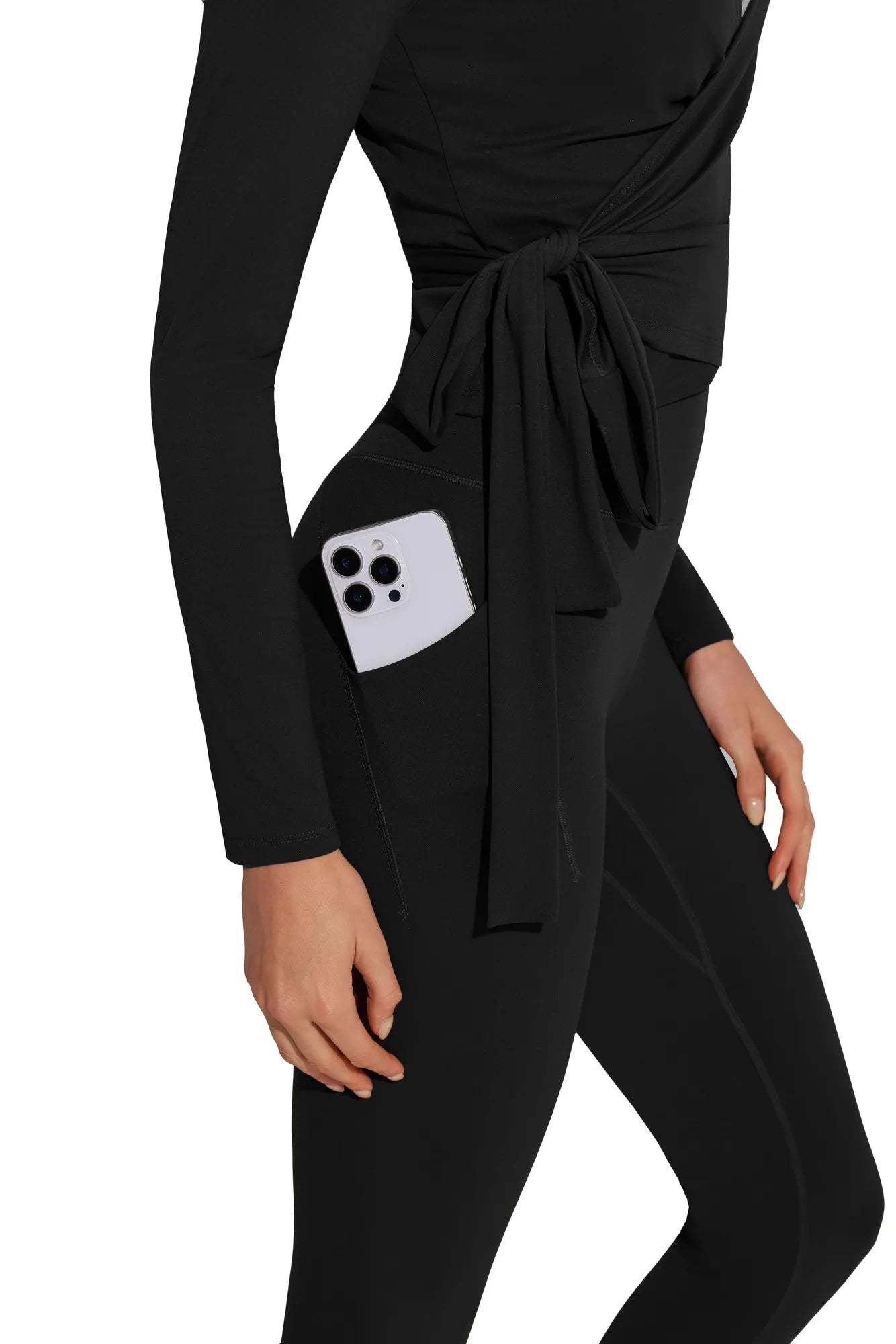 Tie Front Wrap Tops Leggings Outfits - Long Sleeve