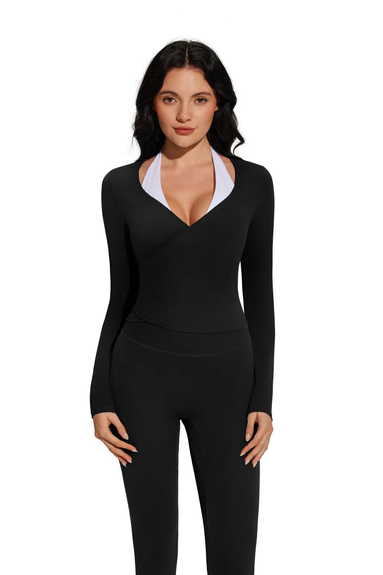 Tie Front Wrap Tops Leggings Outfits - Long Sleeve