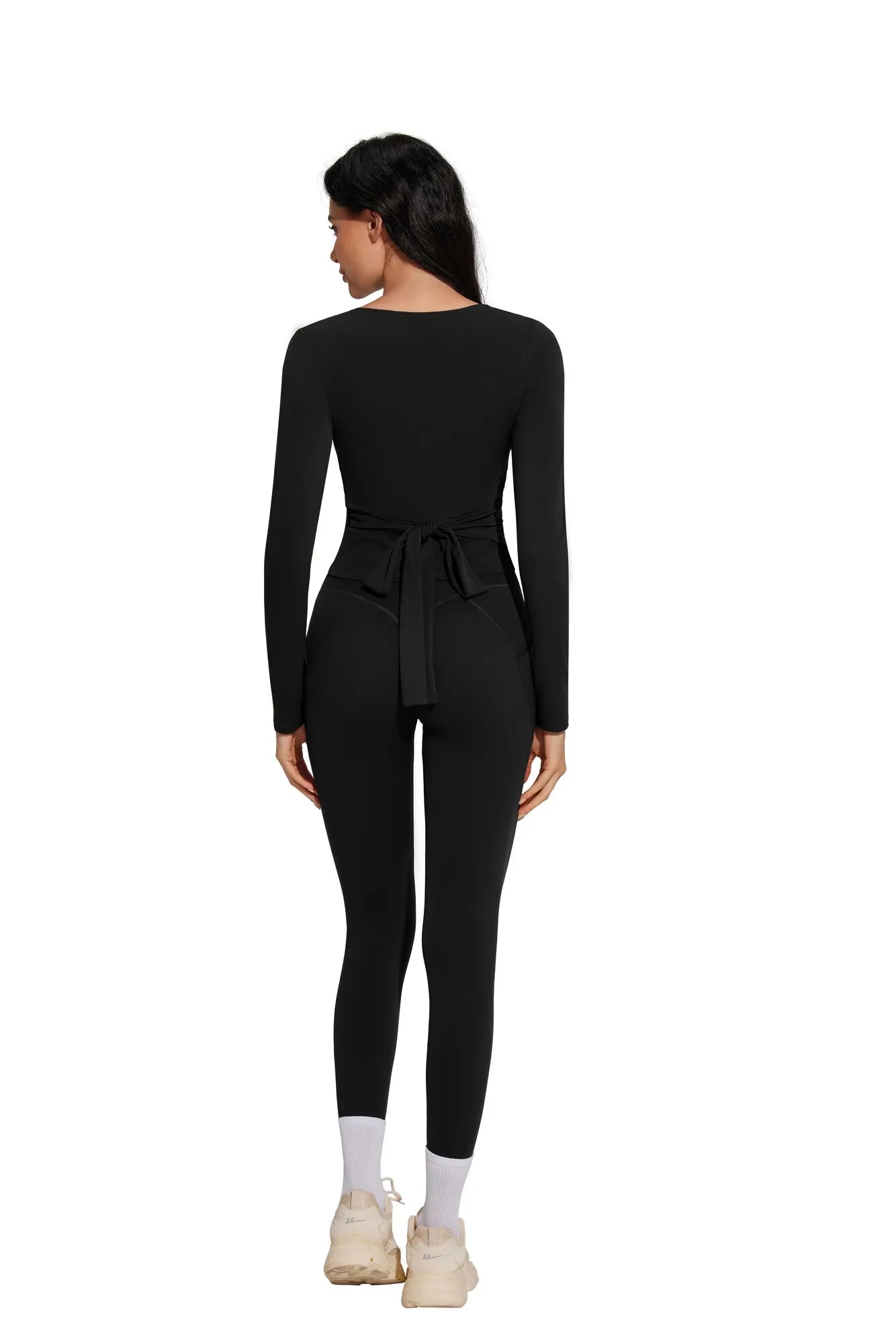 Tie Front Wrap Tops Leggings Outfits - Long Sleeve